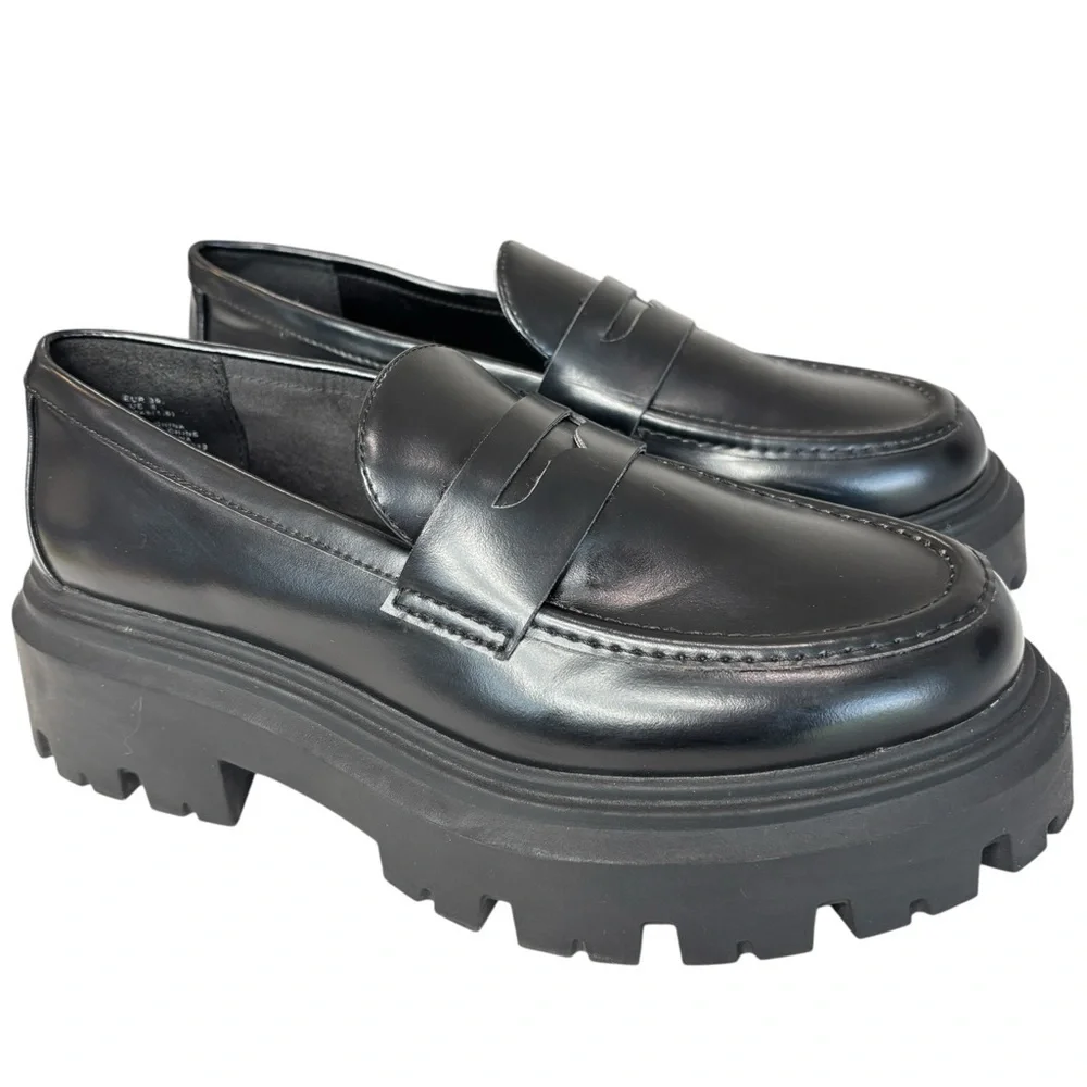 H&M Black Platform Lug-Soled Penny Loafers